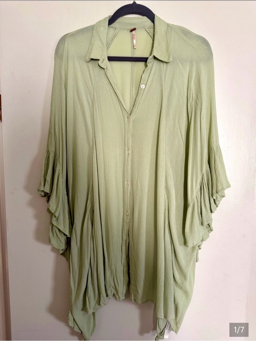 Free People Sage Green Button-Front Tunic with ruffle sleeves and pockets